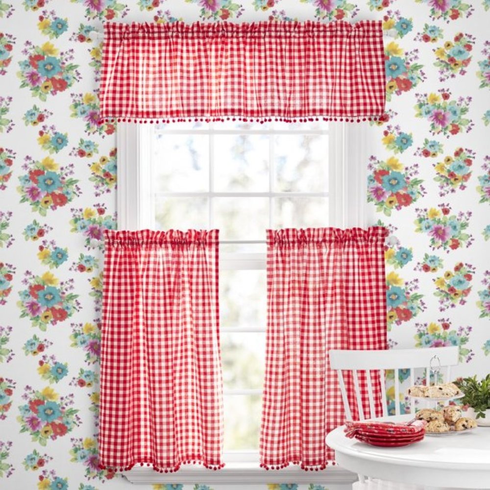Pioneer Woman Red Gingham Small Window Curtain Set 3Pc Tier30"Wx36"L Valance New